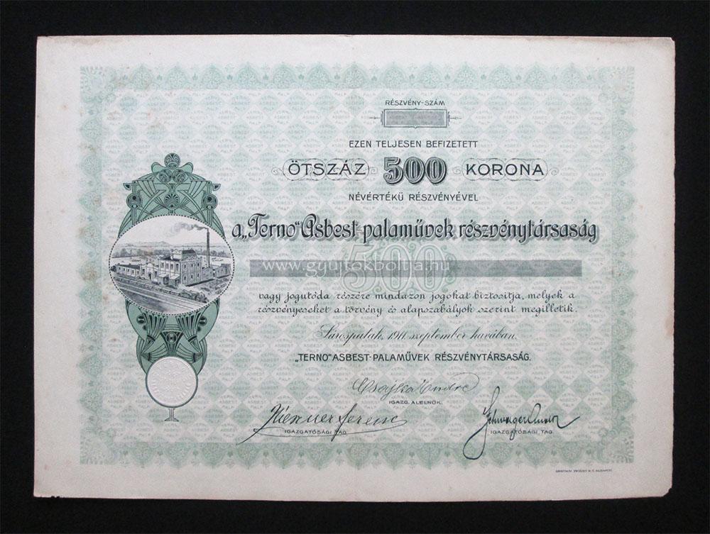 Terno Asbest-palamûvek részvény 500 korona 1911 Sárospatak
